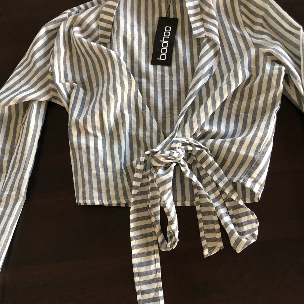 Striped Cotton Front Tie Blouse